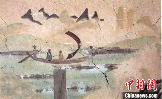 “一人搖櫓晃扁舟，兩人撐篙水上漂?！眻D為莫高窟第323窟《搖櫓帆船》（初唐）?！《鼗脱芯吭汗﹫D