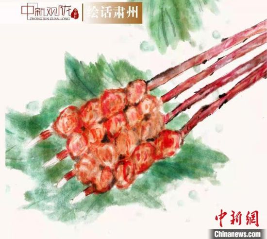 圖為酒泉美食“紅柳烤肉”繪畫作品?！《排d彥 攝