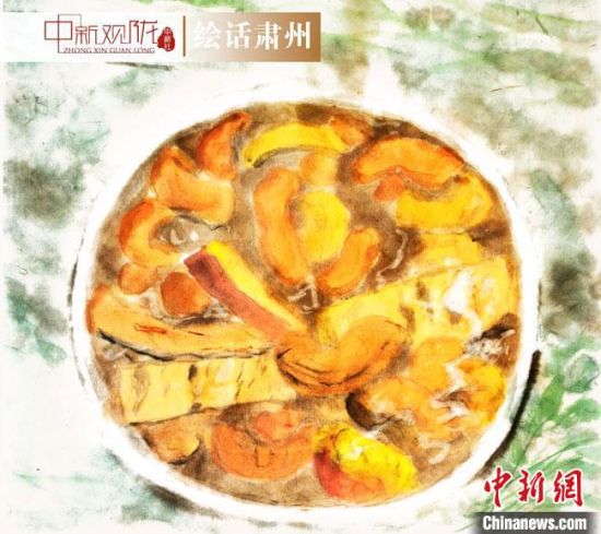 圖為酒泉美食“糊鍋”繪畫作品?！《排d彥 攝