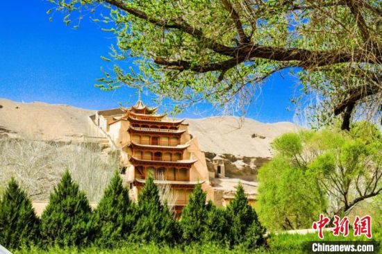4月的敦煌莫高窟景區(qū)春意盎然。(資料圖) 王斌銀 攝