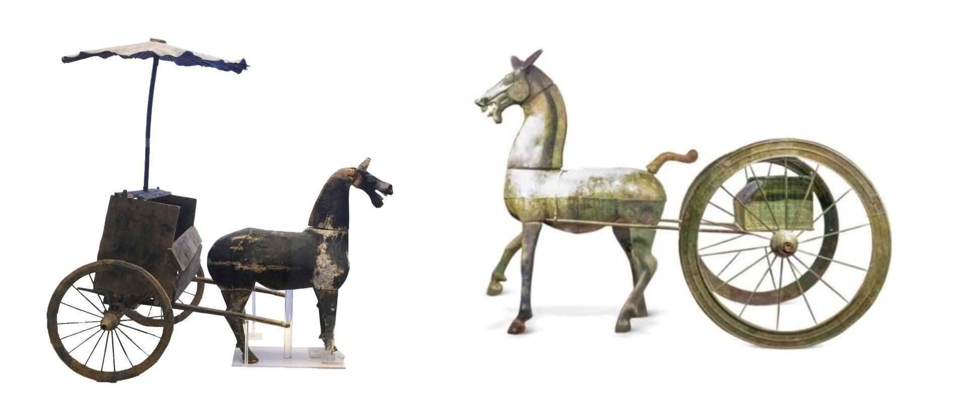 △左為漢代木軺車，藏于青海省博物館；右為東漢銅車馬，藏于黔西南州博物館。